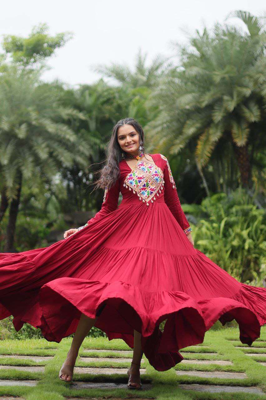 Be the showstopper in this Reyon gown with ethnic Kutchi flair