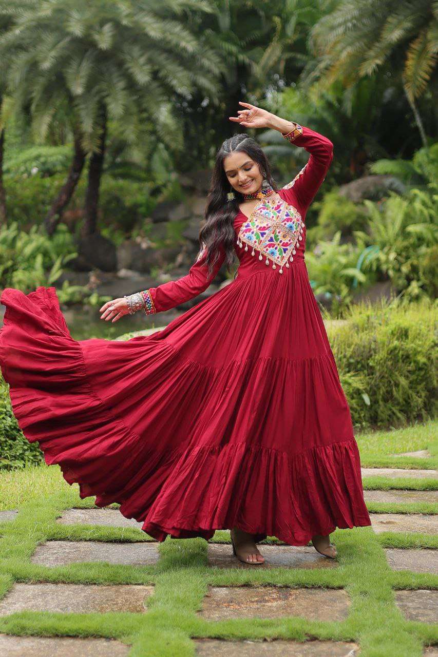 Be the showstopper in this Reyon gown with ethnic Kutchi flair
