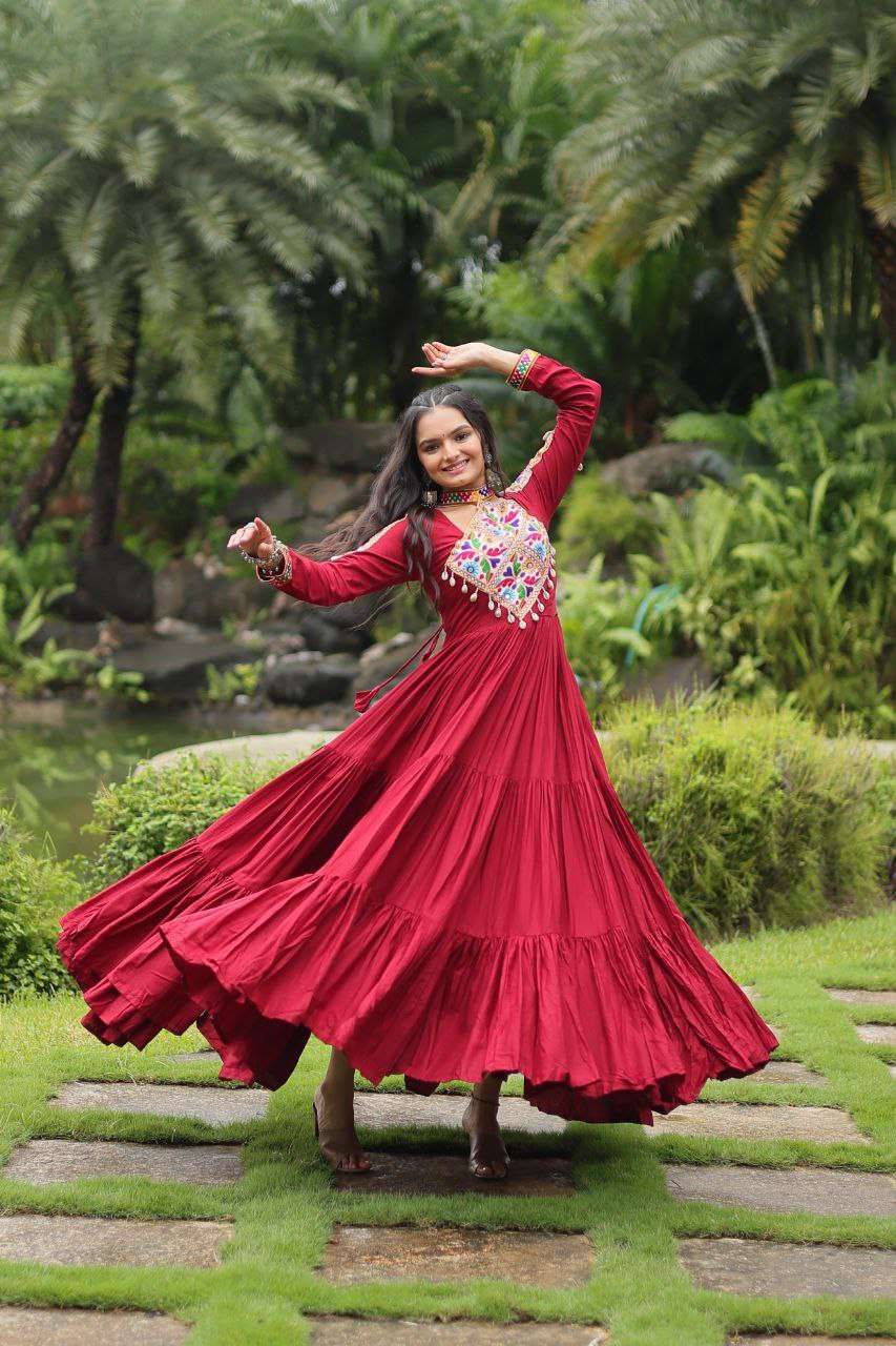 Be the showstopper in this Reyon gown with ethnic Kutchi flair