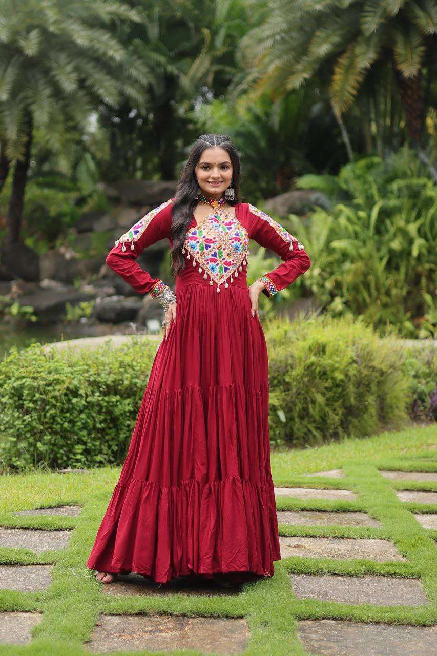 Be the showstopper in this Reyon gown with ethnic Kutchi flair