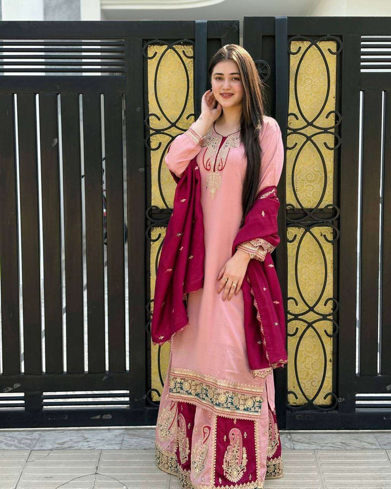 Radiate grace in dusty pink & maroon Chinnon silk glam