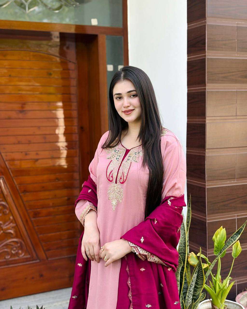 Radiate grace in dusty pink & maroon Chinnon silk glam