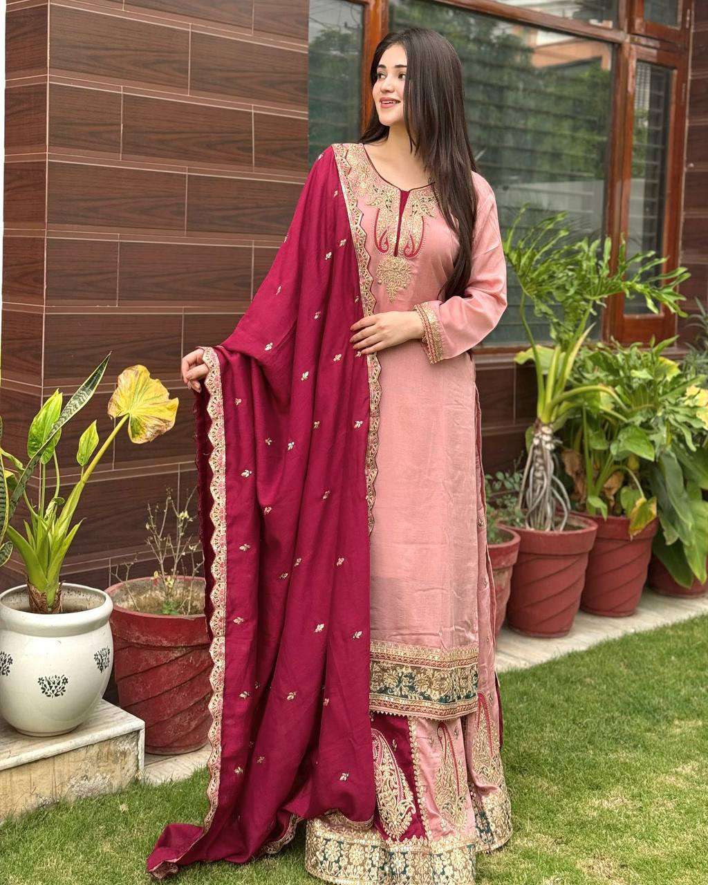 Radiate grace in dusty pink & maroon Chinnon silk glam