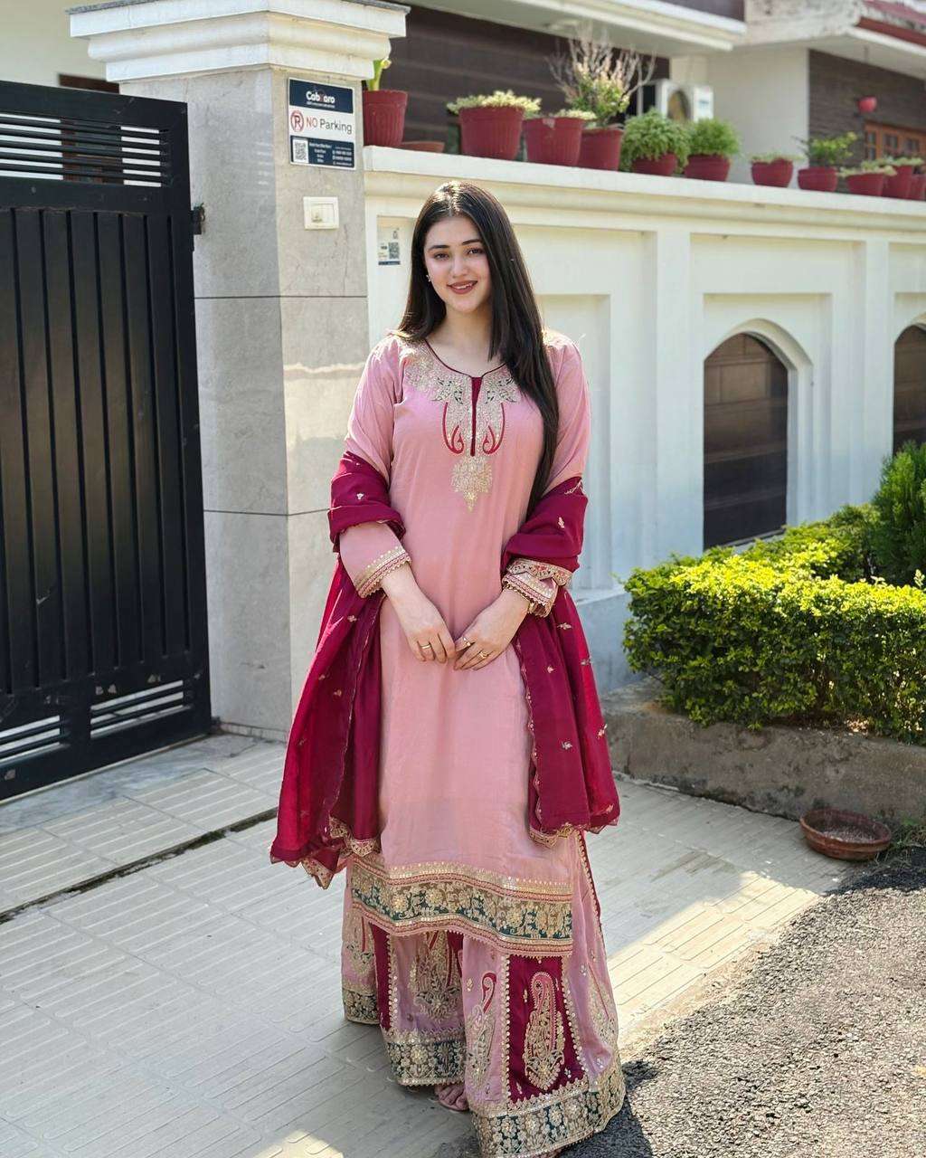 Radiate grace in dusty pink & maroon Chinnon silk glam