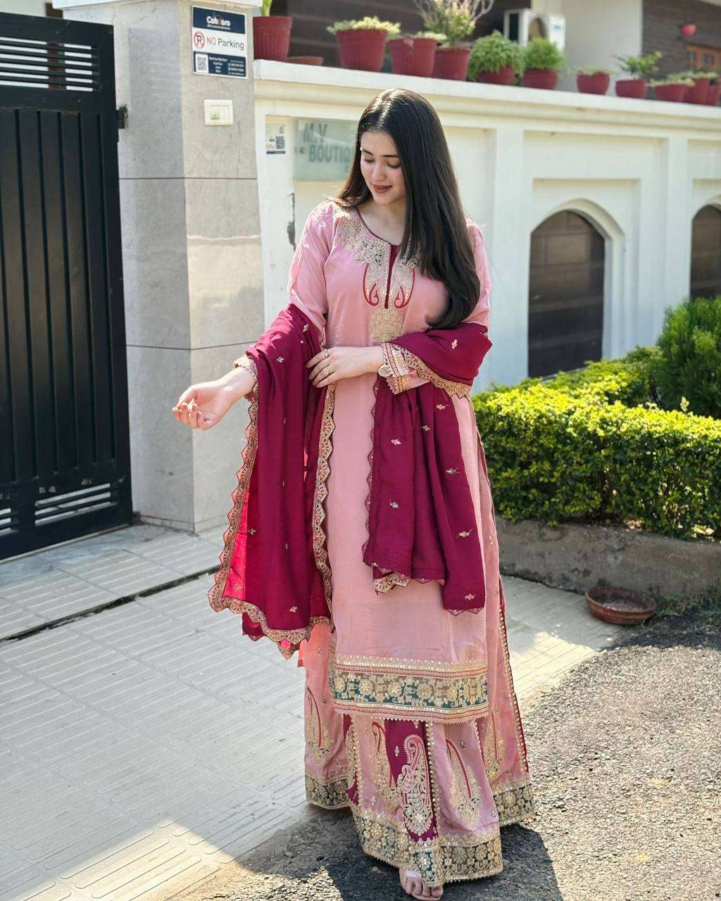 Radiate grace in dusty pink & maroon Chinnon silk glam