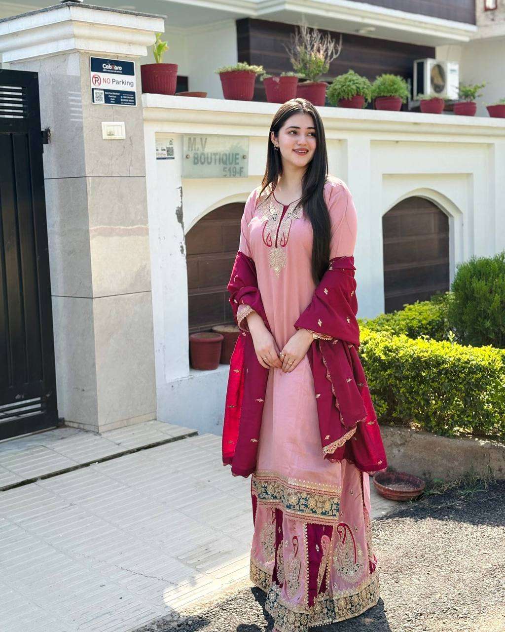 Radiate grace in dusty pink & maroon Chinnon silk glam