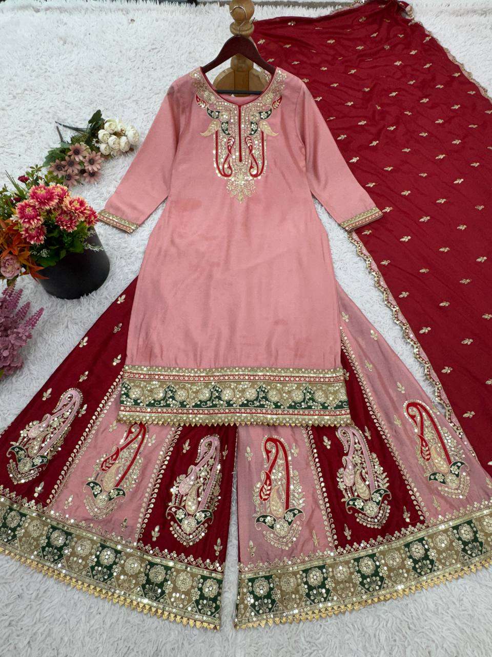 Radiate grace in dusty pink & maroon Chinnon silk glam