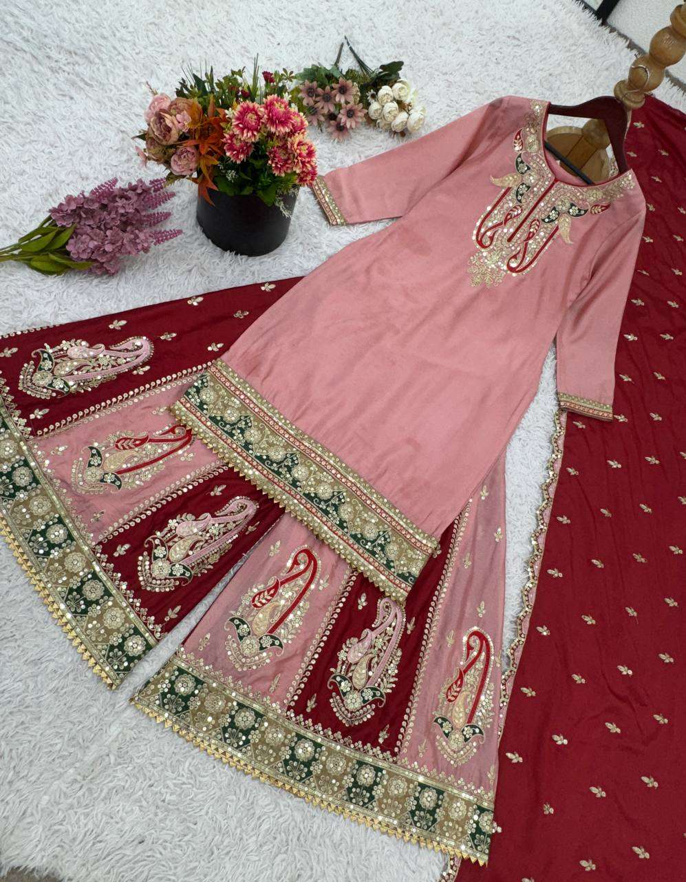 Radiate grace in dusty pink & maroon Chinnon silk glam