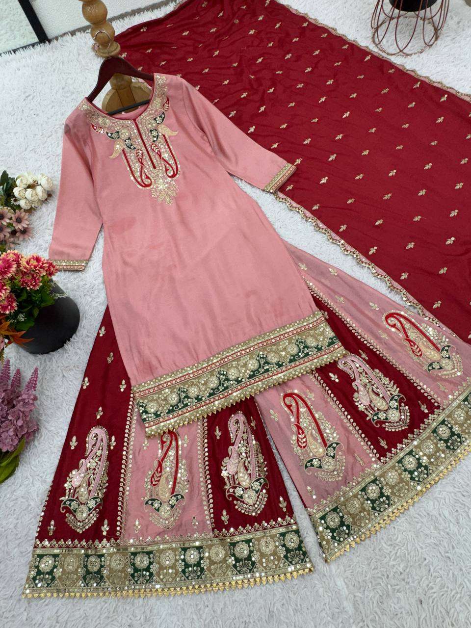 Radiate grace in dusty pink & maroon Chinnon silk glam