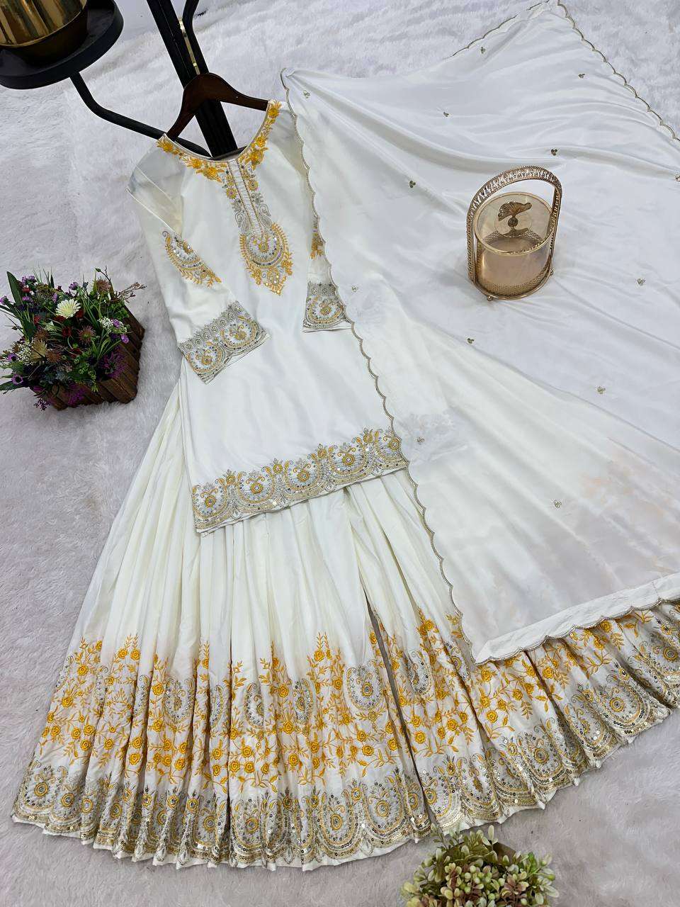 Luxury meets comfort—natural French crepe paired with golden thread magic