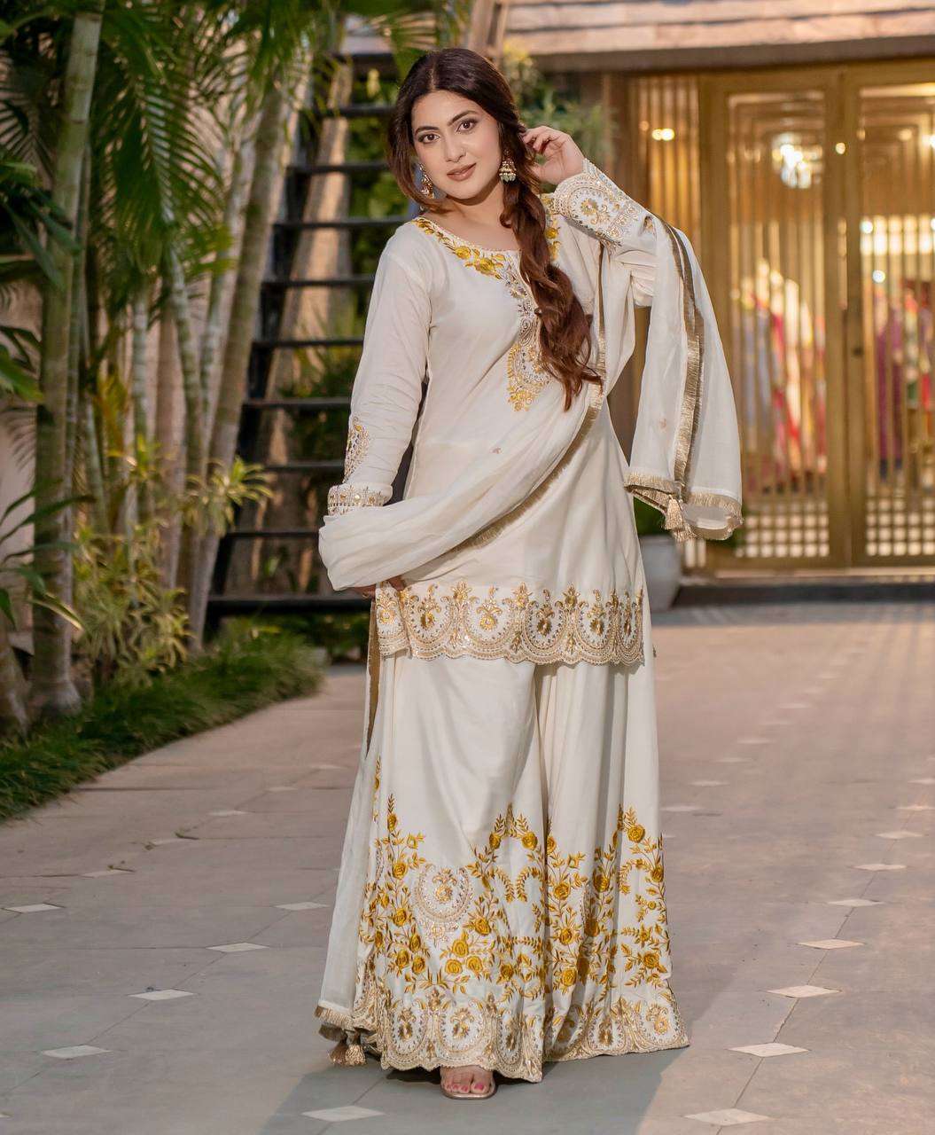 Luxury meets comfort—natural French crepe paired with golden thread magic