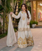 Luxury meets comfort—natural French crepe paired with golden thread magic
