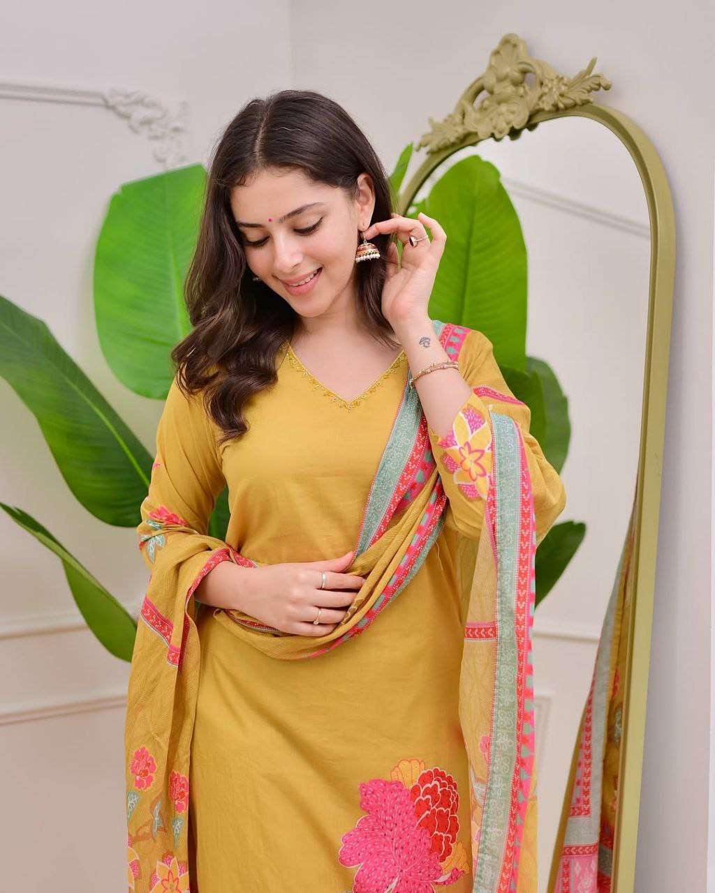 Premium Yellow Maslin Silk Suit with Floral Print & Handwork Neckline