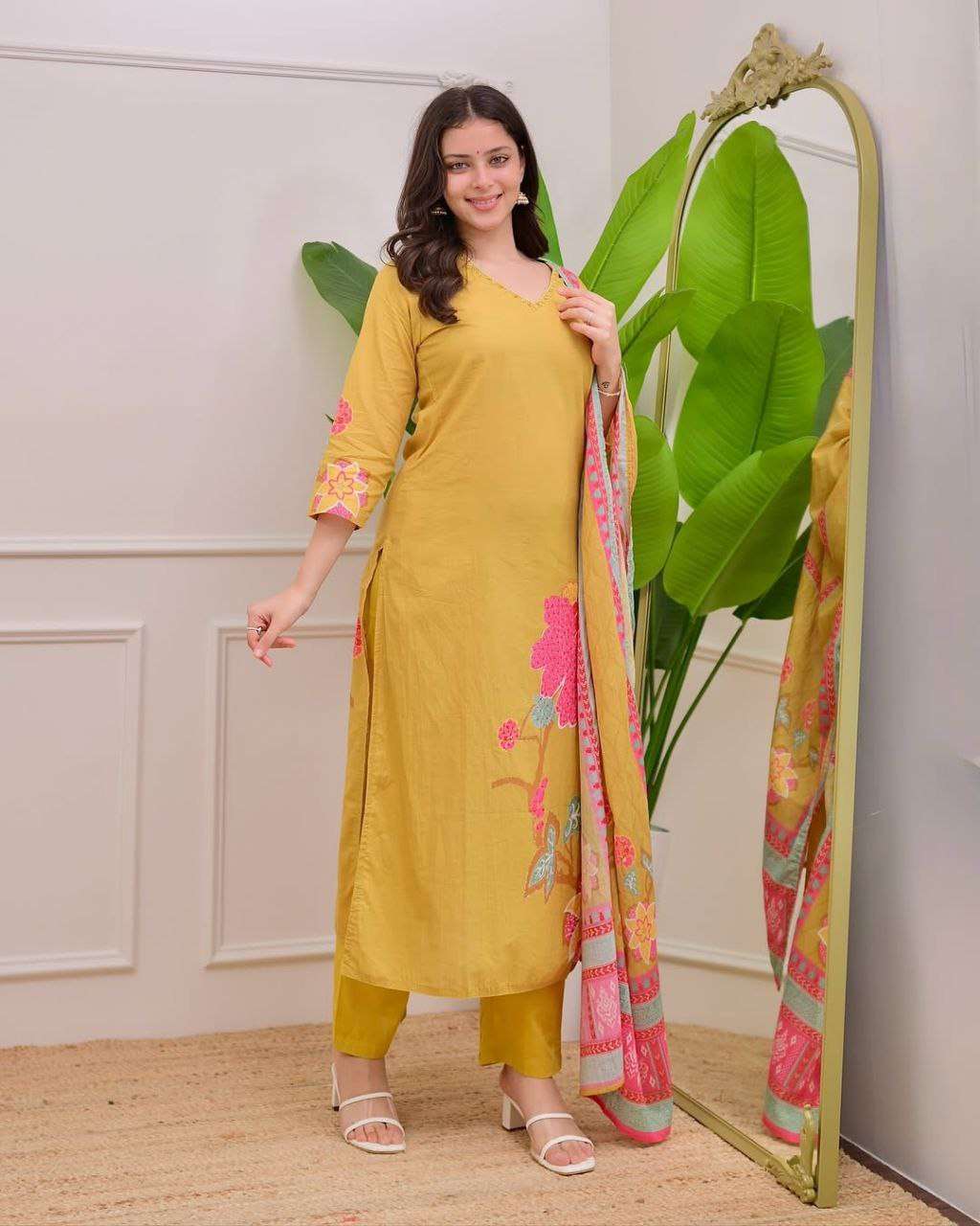 Premium Yellow Maslin Silk Suit with Floral Print & Handwork Neckline