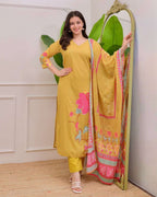 Premium Yellow Maslin Silk Suit with Floral Print & Handwork Neckline