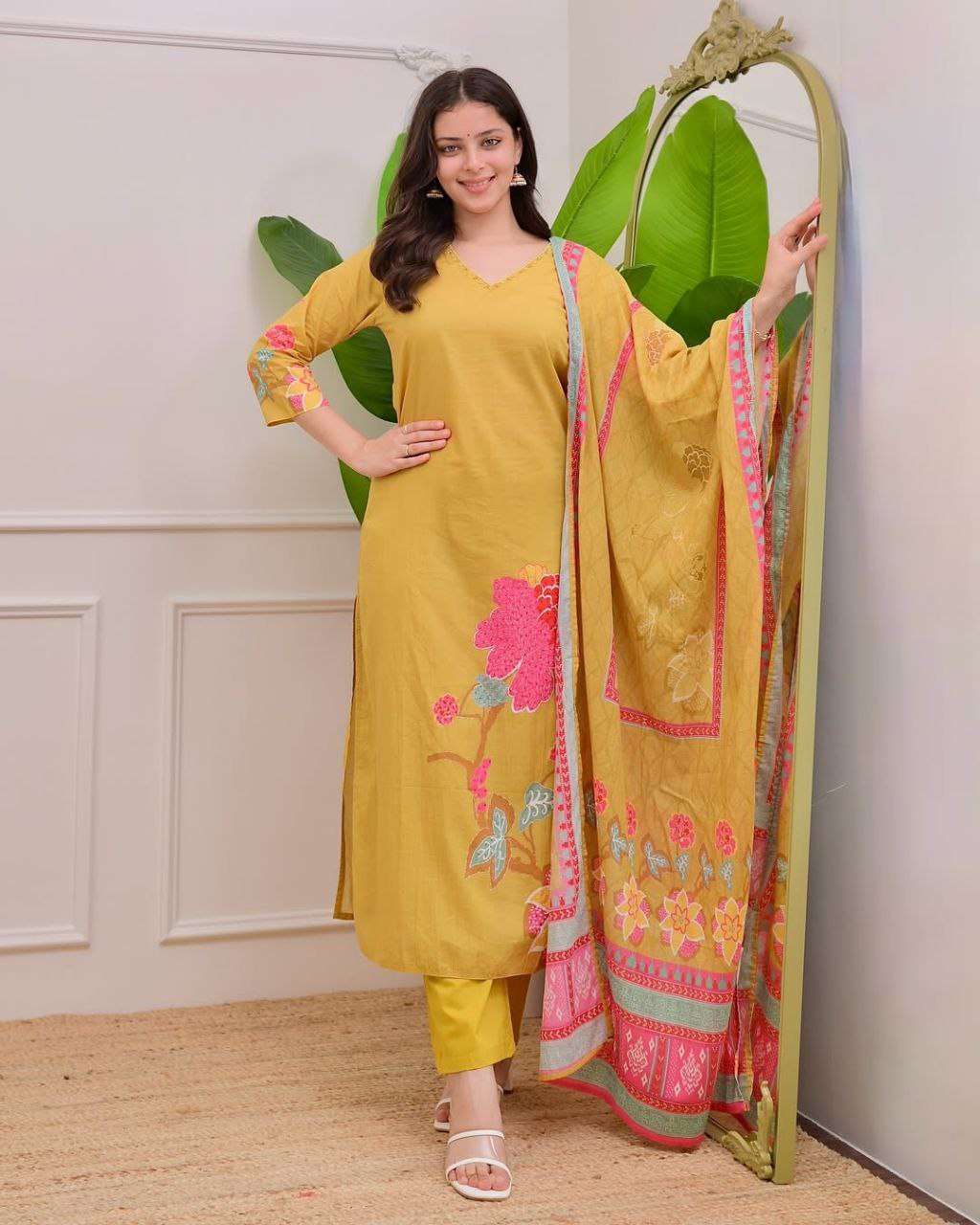 Premium Yellow Maslin Silk Suit with Floral Print & Handwork Neckline