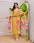 Premium Yellow Maslin Silk Suit with Floral Print & Handwork Neckline