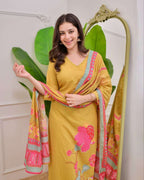Premium Yellow Maslin Silk Suit with Floral Print & Handwork Neckline