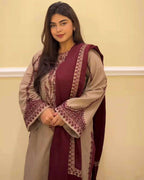 Intricate thread embroidery on Top, Pant with Dupatta