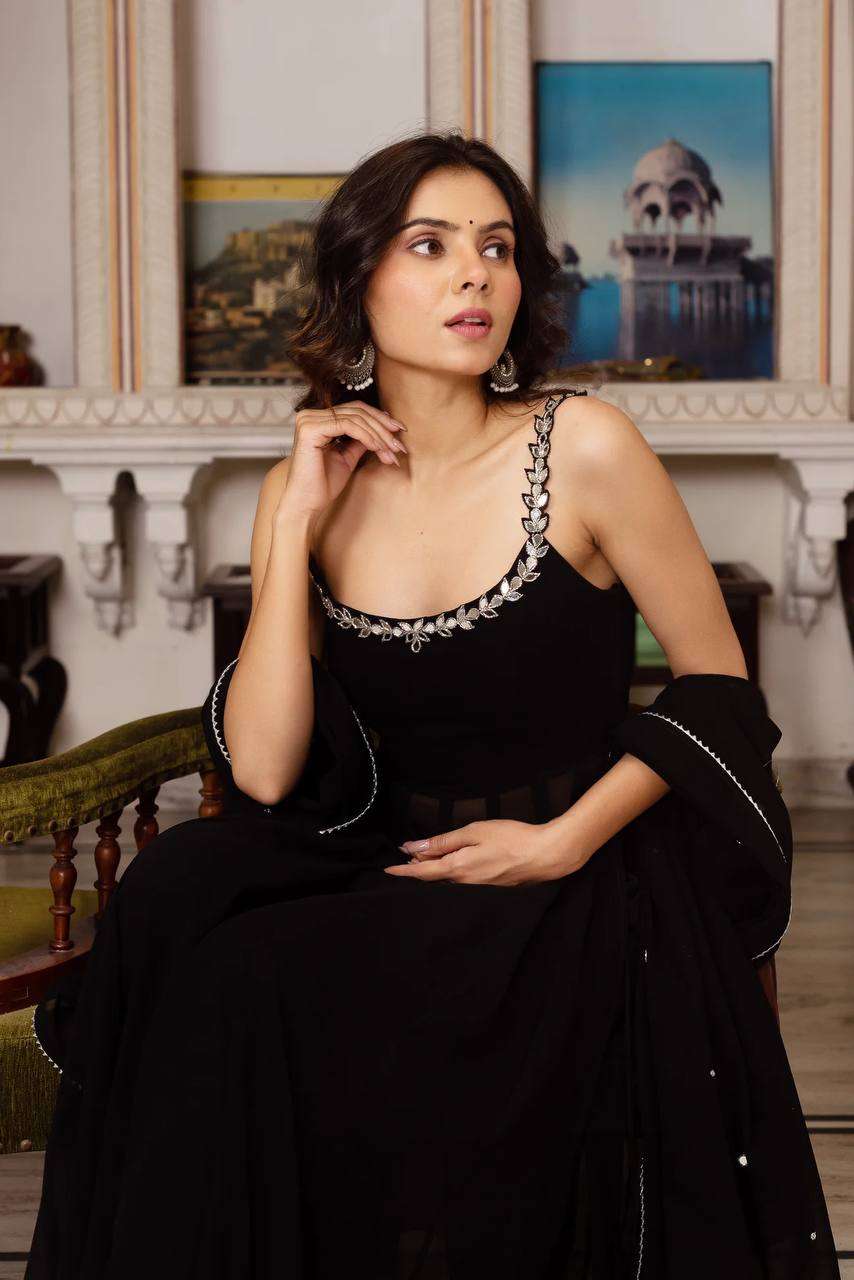 Stunning Black Georgette Palazzo Top Set with Dupatta