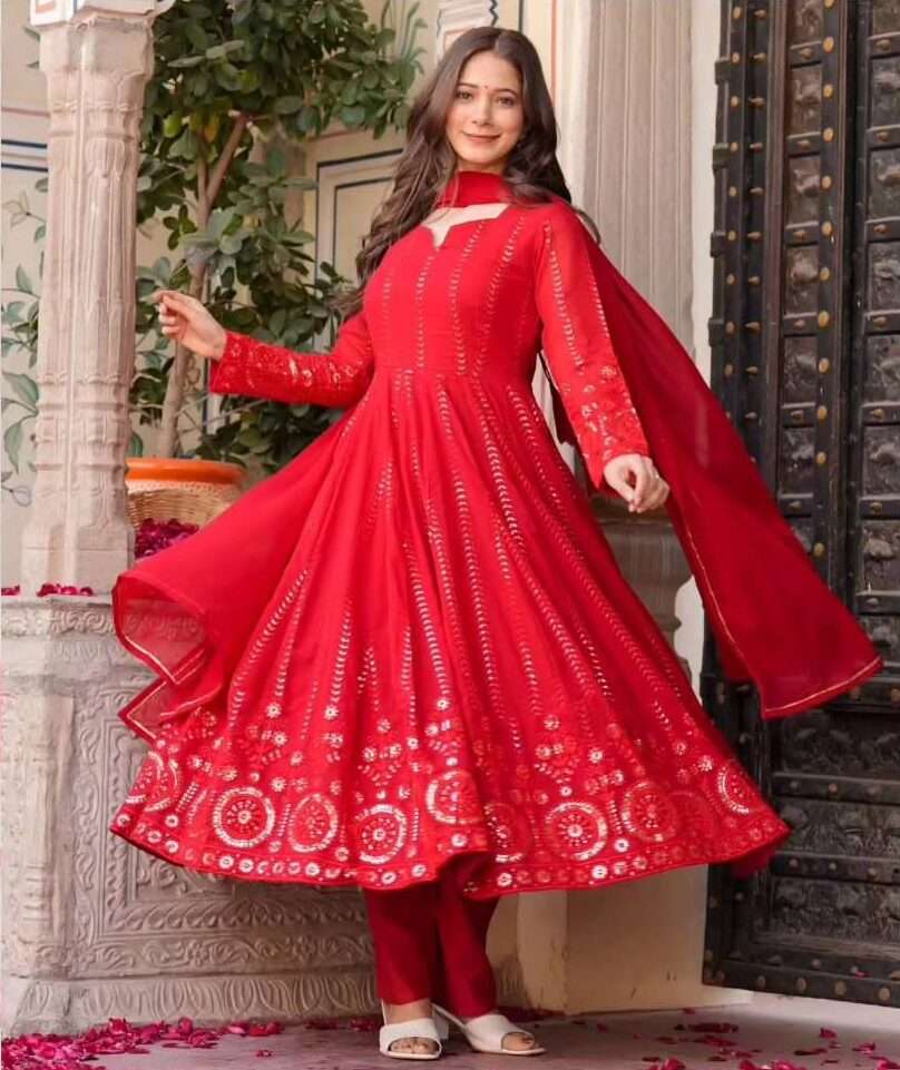 Red Embroidered Georgette Anarkali Suit with Dupatta - Wedding Wear