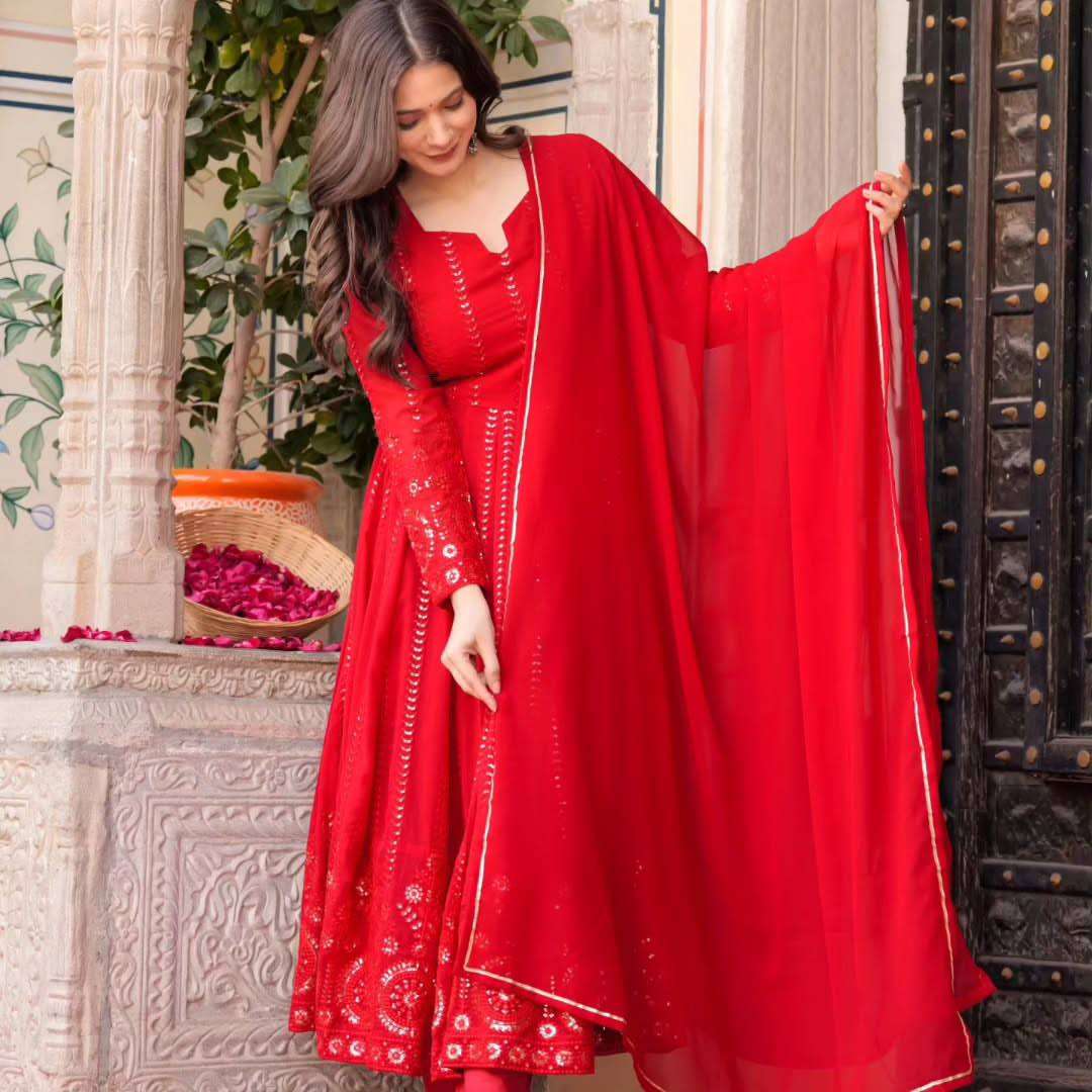 Red Embroidered Georgette Anarkali Suit with Dupatta - Wedding Wear