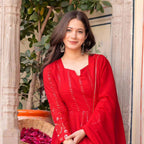 Red Embroidered Georgette Anarkali Suit with Dupatta - Wedding Wear