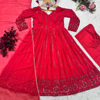 Red Embroidered Georgette Anarkali Suit with Dupatta - Wedding Wear