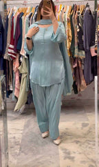 Elegant Sky Blue Crepe Silk Suit Set- Comfort & Style Combined