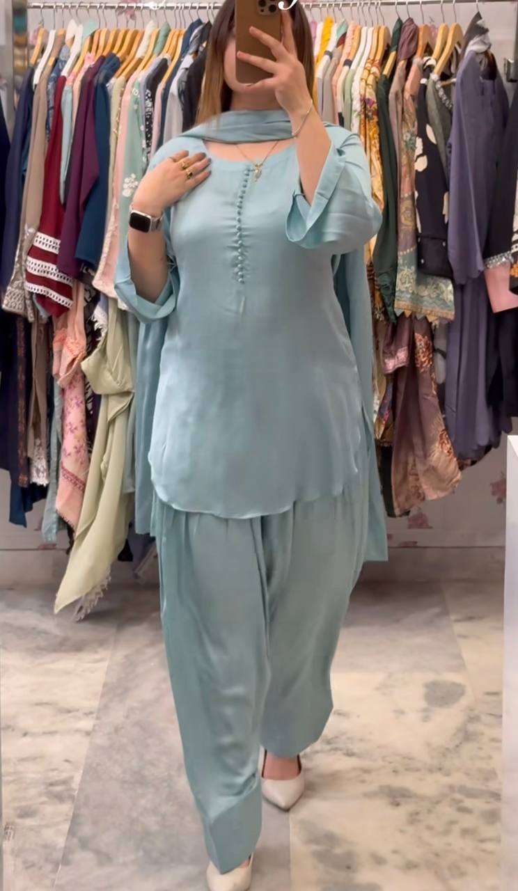 Elegant Sky Blue Crepe Silk Suit Set- Comfort & Style Combined