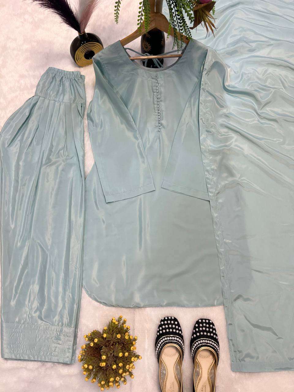 Elegant Sky Blue Crepe Silk Suit Set- Comfort & Style Combined