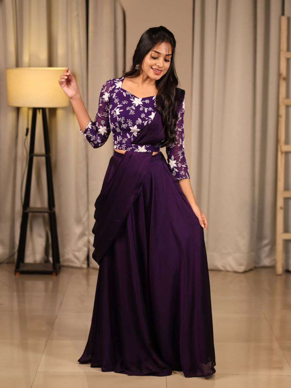 Embroidered Purple Crop Top Skirt Combo
