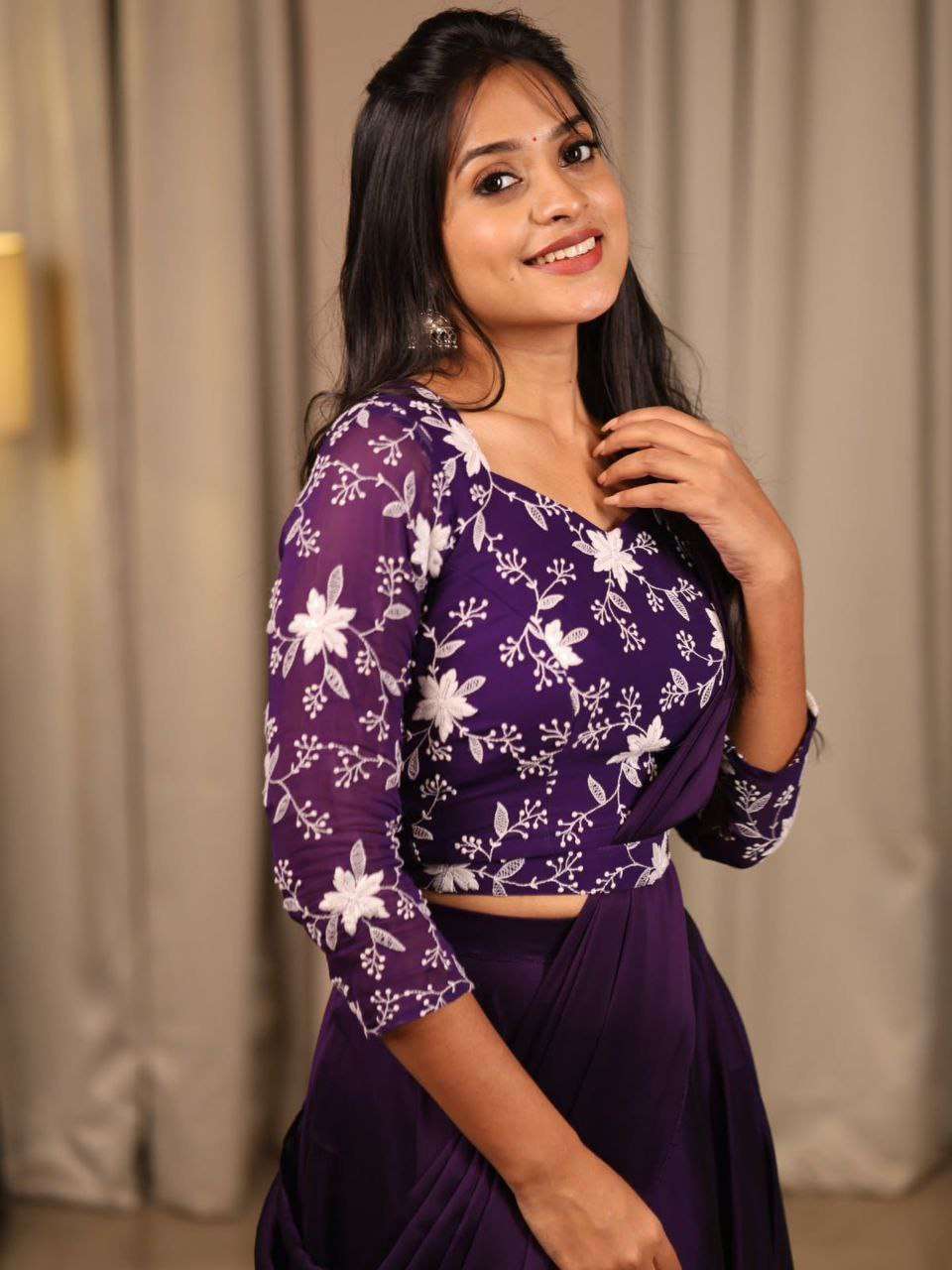 Embroidered Purple Crop Top Skirt Combo