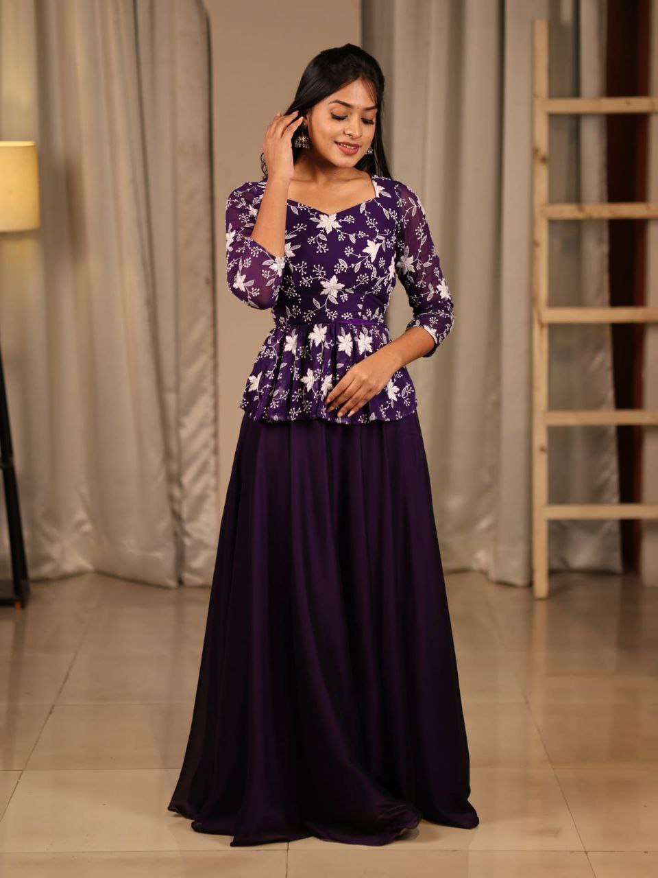 Embroidered Purple Crop Top Skirt Combo