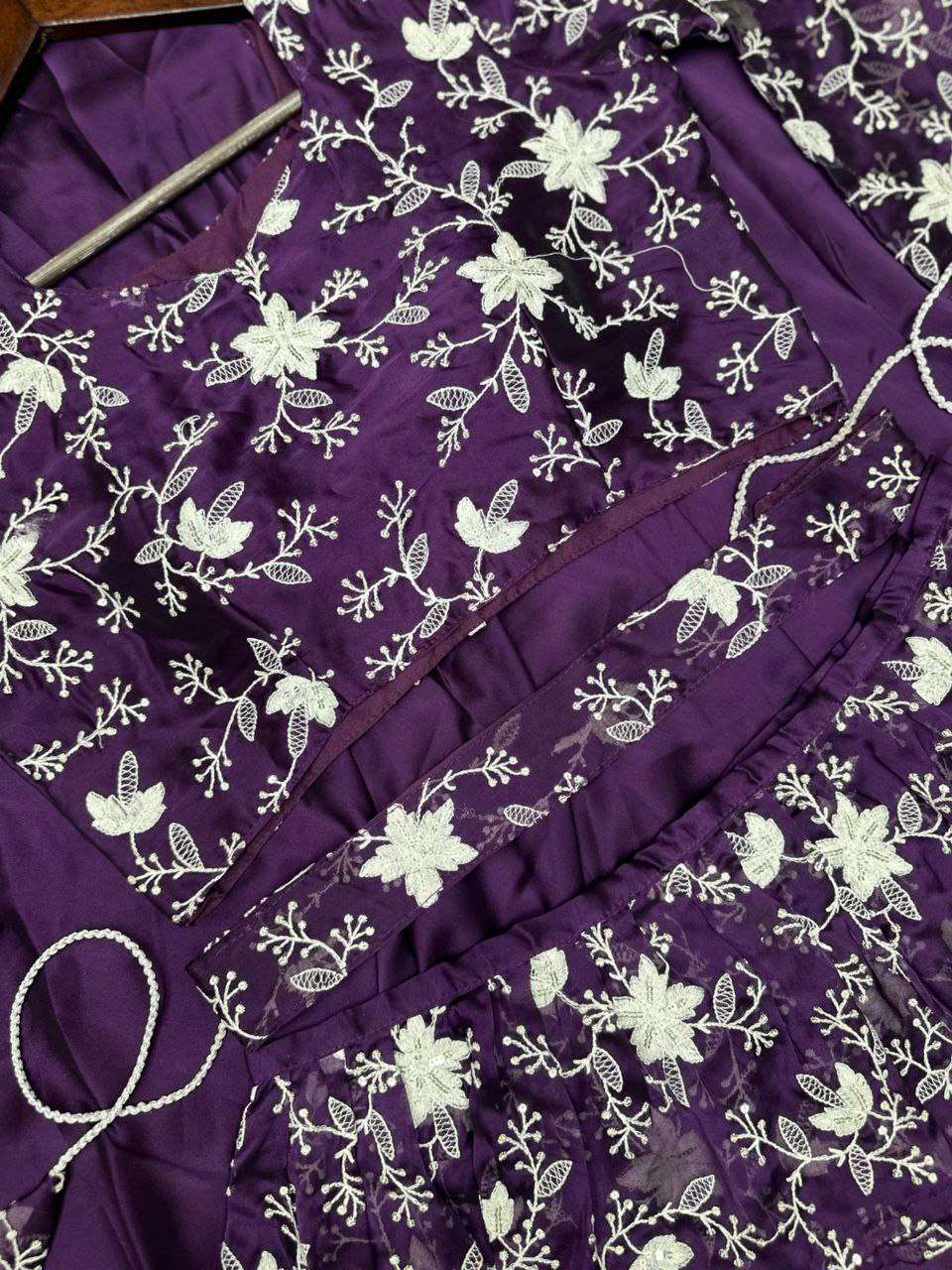 Embroidered Purple Crop Top Skirt Combo
