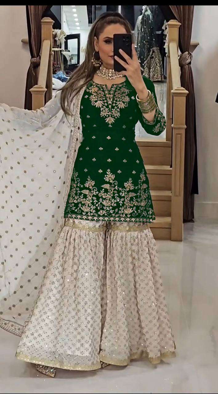 Heavy Look Wedding Occasion Green Kurti Gharara in every Size