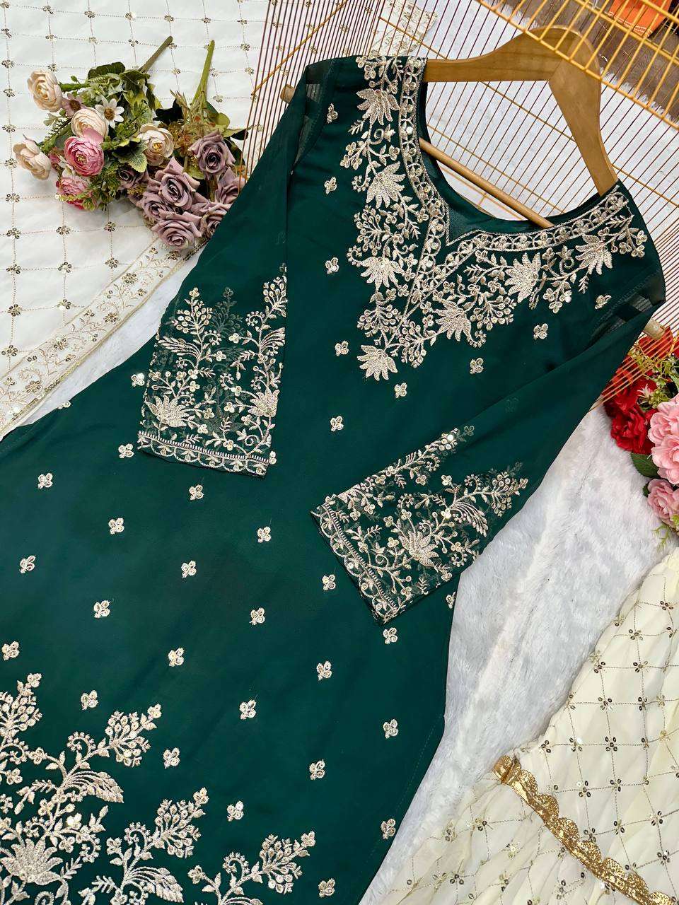 Heavy Look Wedding Occasion Green Kurti Gharara in every Size