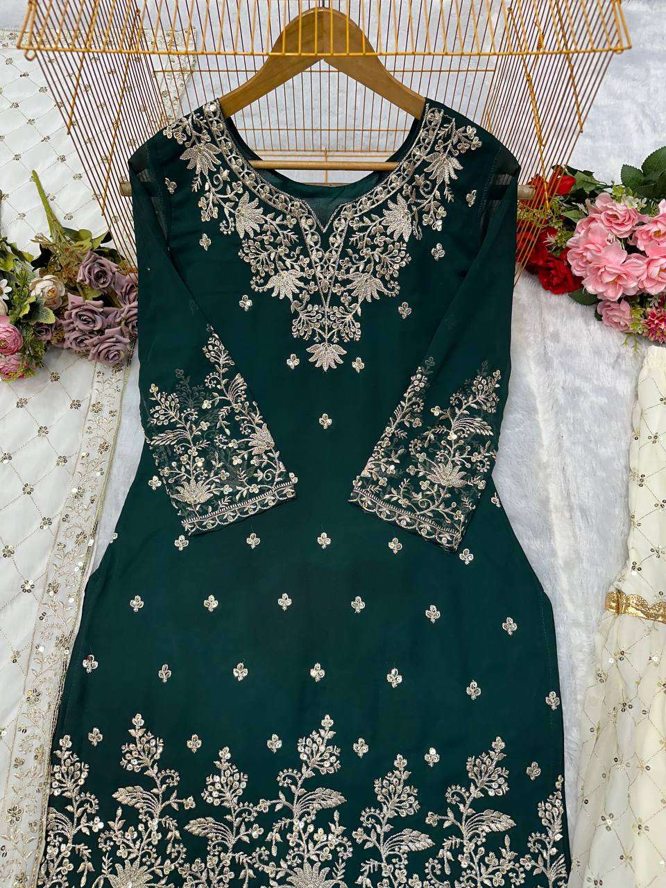 Heavy Look Wedding Occasion Green Kurti Gharara in every Size