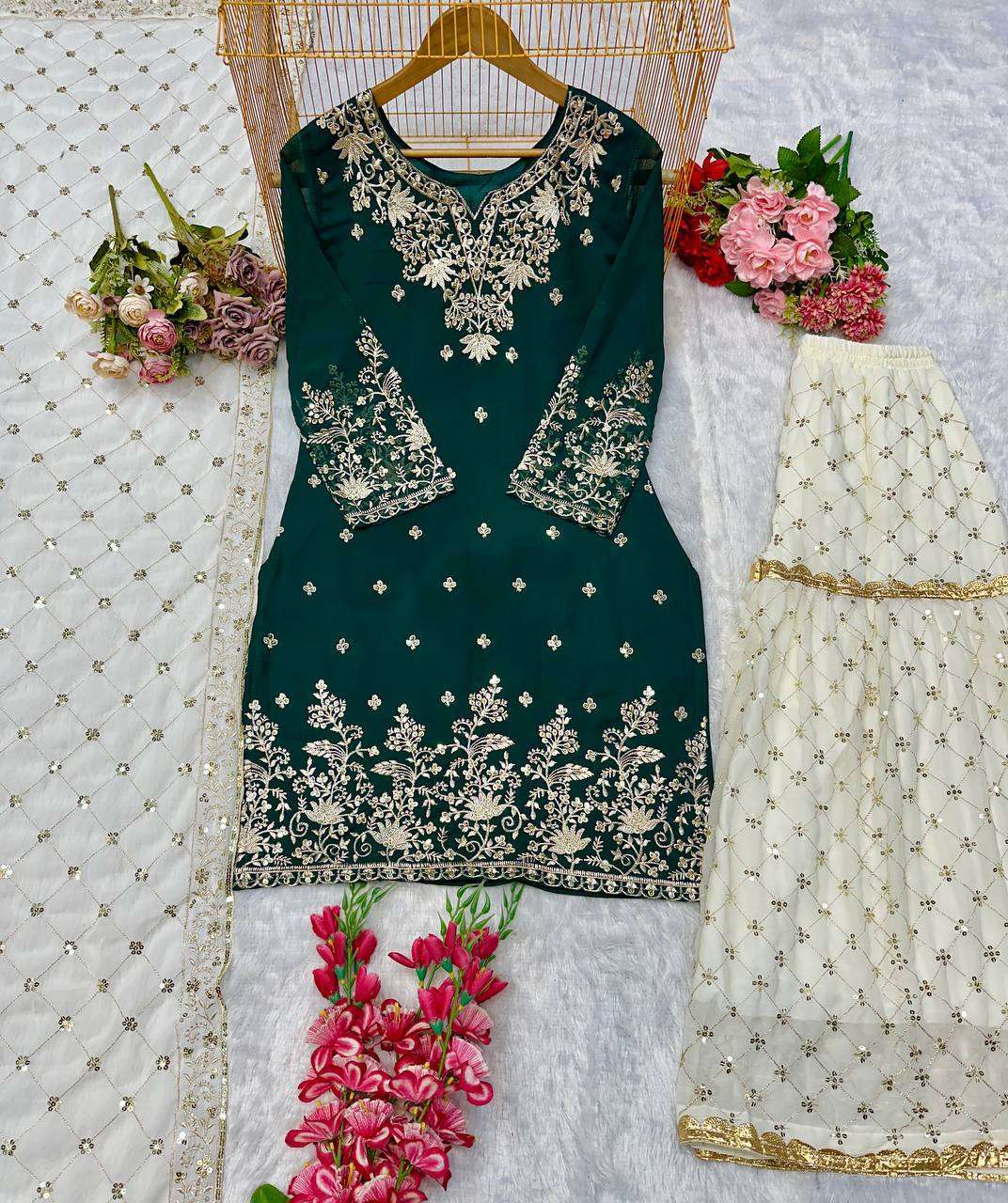 Heavy Look Wedding Occasion Green Kurti Gharara in every Size