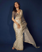 Olive Green Party Wear Net Saree with Sequin Work & Satin Inner