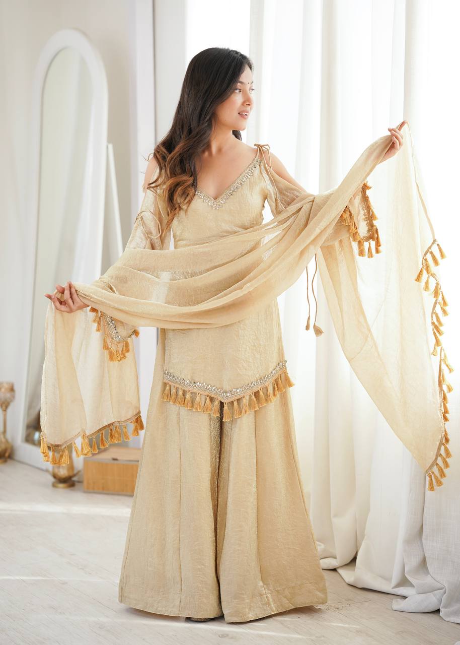Champagne Gold Mirror Work Kurta Palazzo Set with Dupatta