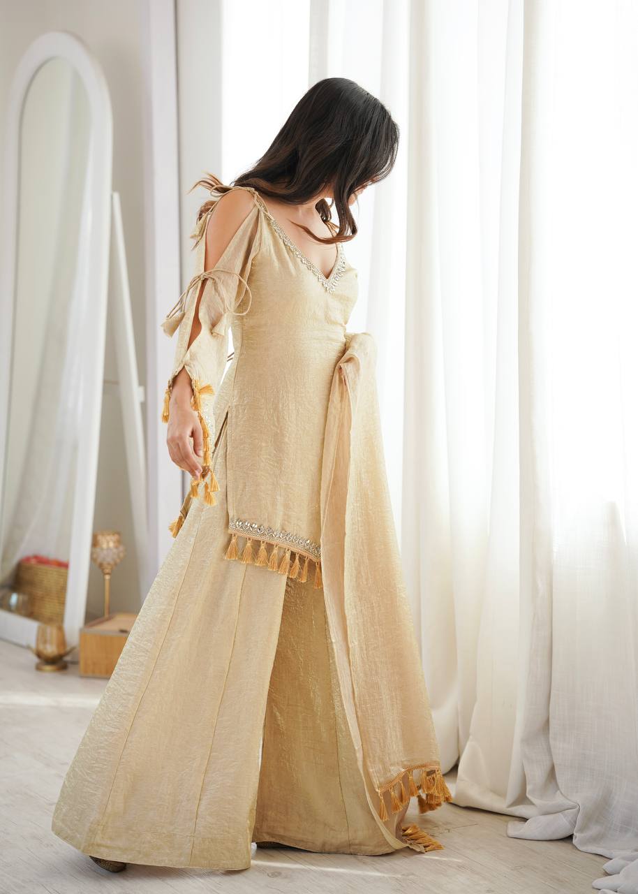 Champagne Gold Mirror Work Kurta Palazzo Set with Dupatta
