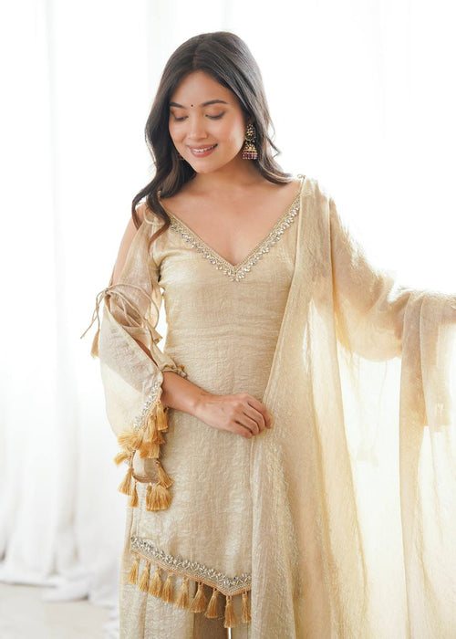 Champagne Gold Mirror Work Kurta Palazzo Set with Dupatta