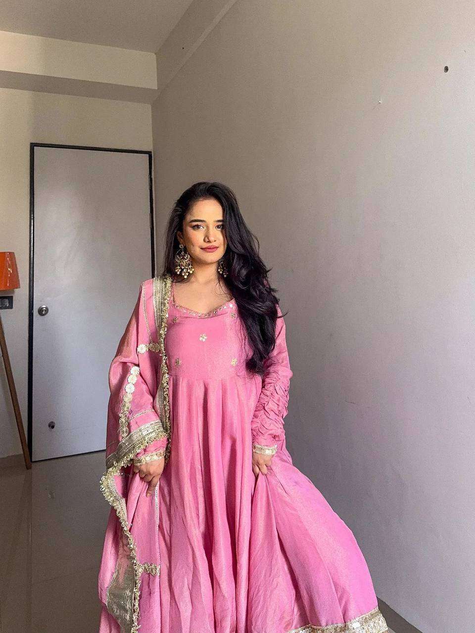 Elegant Round Neck Chinon Anarkali Dress â€“ Ready to Wear!