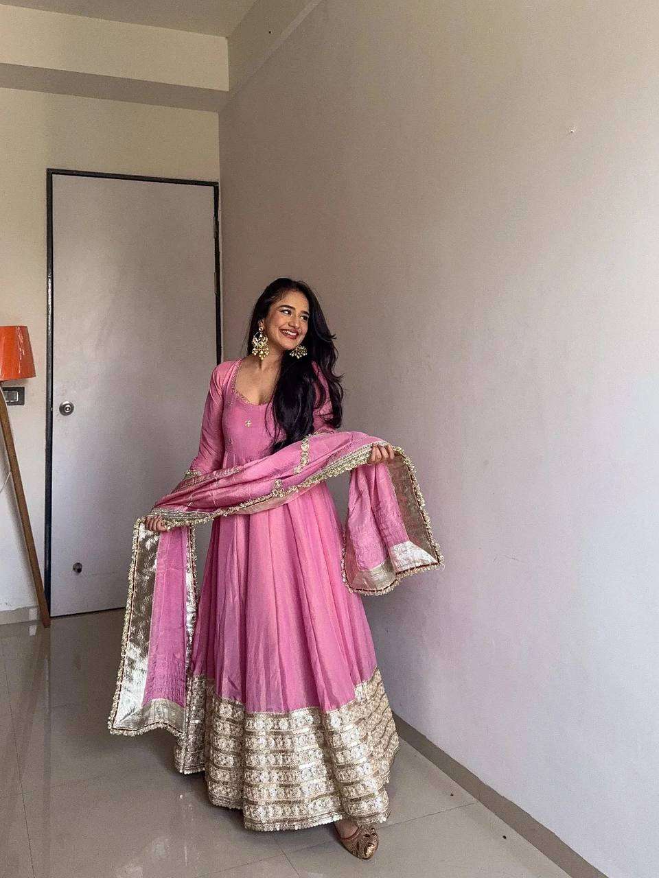 Elegant Round Neck Chinon Anarkali Dress â€“ Ready to Wear!