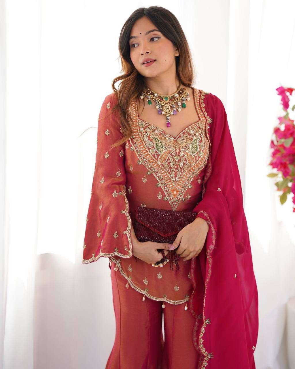 Simar Silk Embroidered Sharara Suit – Fully Stitched!