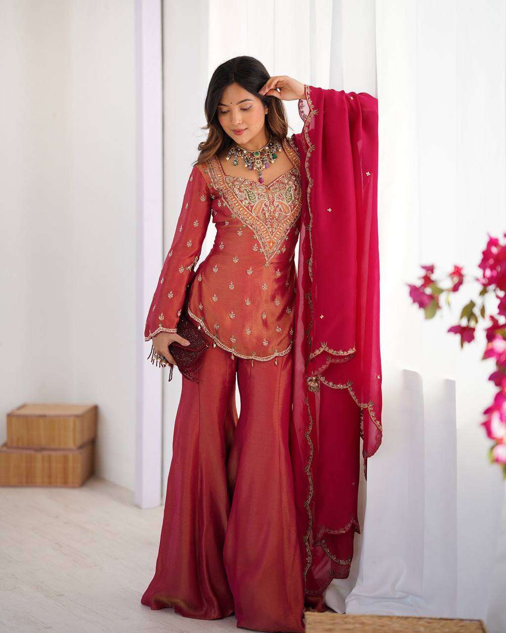 Simar Silk Embroidered Sharara Suit – Fully Stitched!