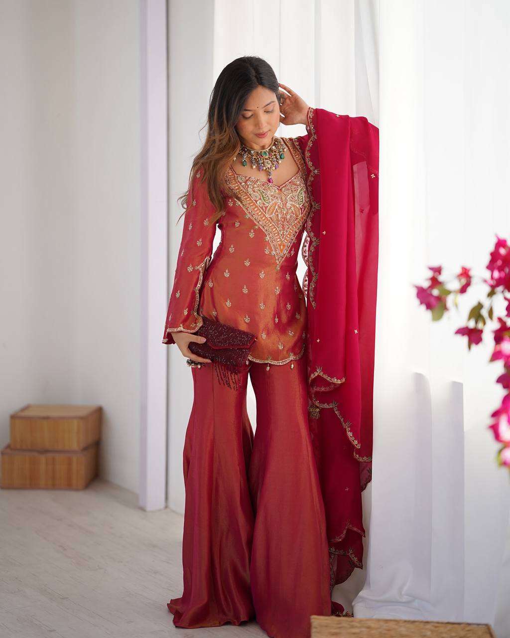 Simar Silk Embroidered Sharara Suit – Fully Stitched!