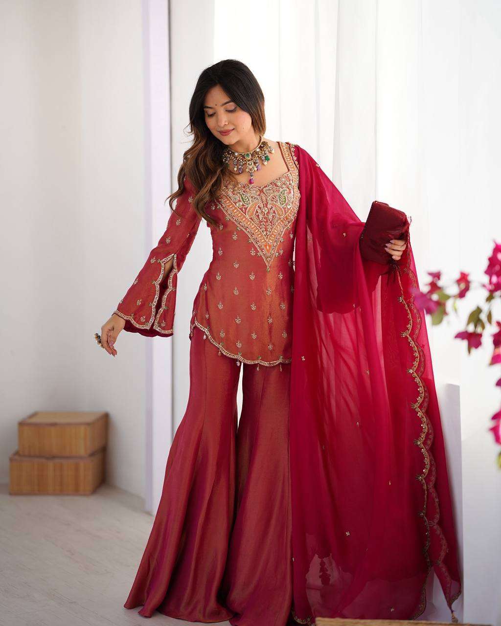 Simar Silk Embroidered Sharara Suit – Fully Stitched!