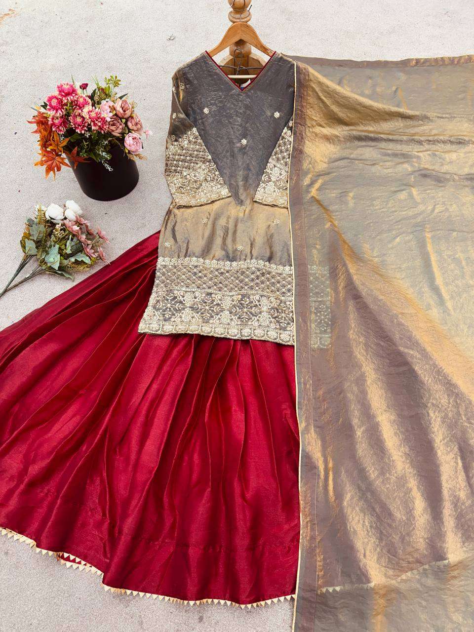 Glamorous Fendi Crush Top set with Lehanga and Dupatta